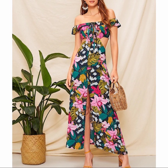 Floral Split Hem Cut Out Off Shoulder Halter Dress - Picture 2 of 8